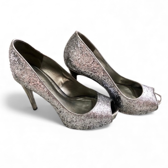 Guess Silver Glitter Peep Toe Platform Pumps 5 inch Heels Size 8m Silver GUC - Picture 10 of 10
